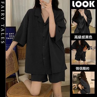 韓國ins高級感黑色睡衣女夏季新款情侶短袖短褲可外穿套裝