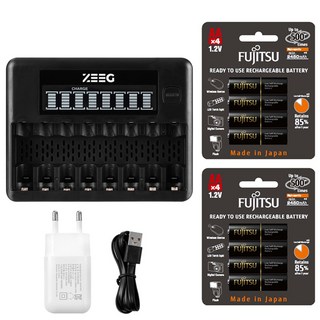 8구 LCD 급속충전기 + 후지쯔 프리미엄 AA 8알 충전지, 1개