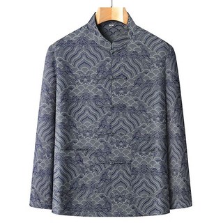 大碼爸爸唐裝 唐裝男中老年短袖套裝 絲綢緞面太極服休閒套裝 民國風老人裝 中老年唐裝 中年男士漢服, 長袖灰藍 單上衣,41/180    適合140-160斤