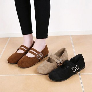 여성용 스웨이드 더블버클 스트랩 로우힐 플랫슈즈 1.3cm
