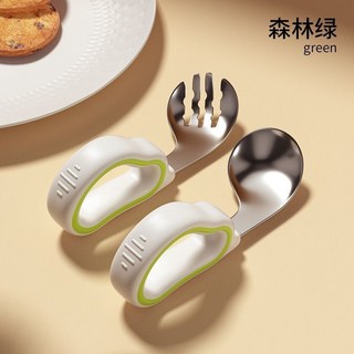 學習湯匙 寶寶餐具 寶寶勺子自主進食輔食勺叉316不銹鋼學吃飯訓練叉勺兒童餐具套餐學習餐, 316L不銹鋼勺+叉【米綠色】, 1個