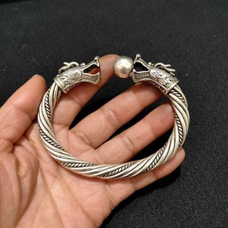 手工文玩雜項白銅鍍銀龍扭絲手鐲 銀器祥龍手鐲 老銀龍手環 銀飾