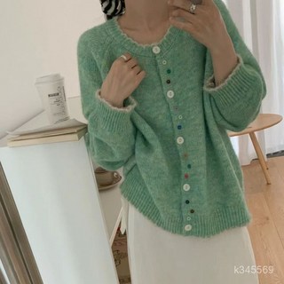 針織開衫女 韓版彩扣圓領毛衣