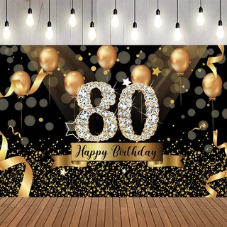 2D 배너 1개 검정색과 금색 테마 80세 다이아몬드 장식 생일 파티 보편적인, 02 130x150cm, 01 MULTI