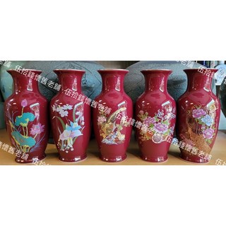 伍拾錢 鶯歌陶瓷蓮子花瓶 朱紅 (8吋/10吋/12吋) 花器 神桌 拜拜 宗教用品 藝品 插花, 竹雞,10英吋