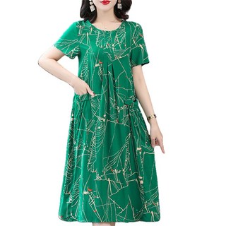 ROYALBELLE 중년여성 여름 루즈핏 엄마옷 반팔 라운드넥 반팔 원피스 미디옴 롱 원피스 데일리룩 마담옷 H043013 AN