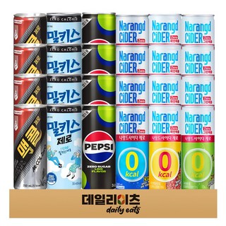 [데일리이츠] 제로 칼로리 캔 음료수 6종류 24캔 믹스세트 (펩시제로라임 밀키스제로 밀키스딸기바나나제로 나랑드사이다 나랑드그린애플 나랑드파인애플), 1세트, 250ml