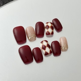 酒紅色菱格紋香檳金亮片穿戴甲 美甲片 時尚穿戴美甲 菱格亮片美甲, 1個, XS