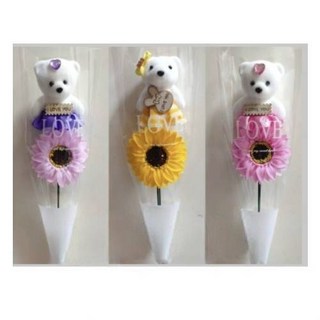 小熊娃娃單支花束：香皂花、繡球花、向日葵、玫瑰花，冰淇淋熊泡沫熊，盆栽點綴/居家裝飾/婚禮小物/畢業禮物, 小熊隨機, 粉色 向日葵, 1件
