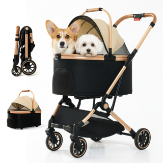 FODOSS 강아지 유모차 접이식 분리형 알루미늄 합금 개모차 야외 산책 옷감 고양이유모차, 카키색, 1개