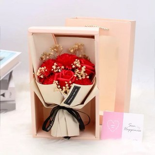 畢業花束禮盒：康乃馨玫瑰乾燥花永生花香皂花，附贈燈光與精美禮盒，教師節/母親節/畢業禮物首選, 紅色玫瑰康乃馨