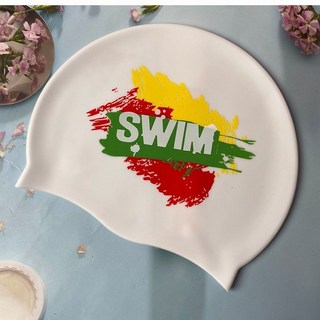 SWIM 時尚塗鴉潮牌游泳帽 多色可選 成人通用護耳專業硅膠泳帽, 白色SWIM單面印刷, 1個