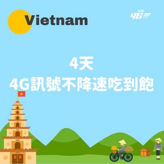 LTE 4G 越南吃到飽 SIM卡 22天, 詳見包裝, 詳見包裝, 4天