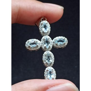 托帕石十字架925銀吊墜 - 天空藍天然托帕石配件