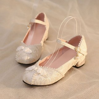 【潮胖穿搭】大碼繡花鞋 漢服鞋子古風刺繡瑪麗珍鞋 低跟舒適 200kg可穿, 1個, 米色 配旗袍 巨好看,36