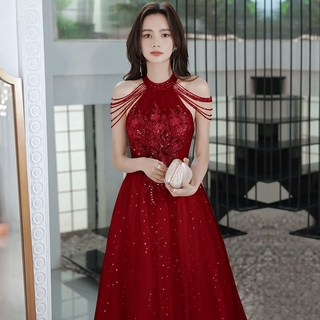 仙氣粉色晚禮服2022新款氣質優雅名媛高級感宴會獨唱藝考夏季顯瘦, 1個, 優雅酒紅XL