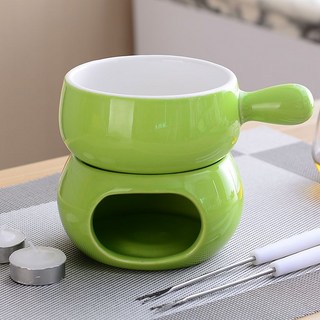 花蓮出貨 冰淇淋火鍋套裝 帶柄奶酪火鍋爐 陶瓷芝士火鍋 巧克力火鍋爐的爐, (綠色)+單柄鍋+2叉, 1個