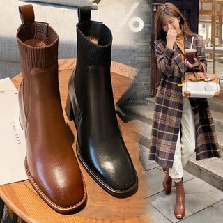 台灣出貨 女靴 馬丁靴 靴子 時尚靴 切爾西靴 復古棕色彈力靴 秋冬方頭粗跟高跟短靴