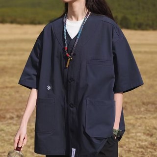 韓國上衣 男女OVERSIZE寬鬆V領多口袋工裝純棉短袖襯衫