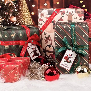 메종드아야 크리스마스 선물 포장지 풀세트 포장지+리본끈+데코택, 1개, 옵션1-레드리본세트