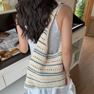 삼송언니 손뜨개가방 이중 스트라이프 니트 그물 숄더백