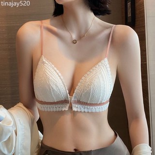 美背前扣內衣女夏季薄款法式小胸三角杯性感蕾絲細肩帶文胸無鋼圈