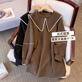 秋冬復古娃娃領大碼寬鬆中長連衣裙 黑色2XL