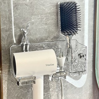 免打孔吹風機架吹風機置物架吹風機收納架免釘免打孔吹風筒架浴室收納吹風機支架收納支架多動腦, 1個, 透明-簡約款【水波紋吹風機支架+置物架】,無裝飾