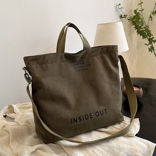 帆布斜背包 簡約手提包 通勤包 大學生上課包 復古單肩包 大容量背包, 拉鍊款：綠色,45*35*14