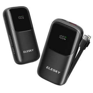 ELESKY 일체형 초고속충전 미니 보조배터리 PD 22.5W C타입 + 8핀 케이블 + LED 잔량표시 10000mAh, 블랙