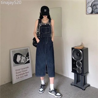 小個子牛仔背帶裙女中長款夏季法式顯瘦吊帶連衣裙寬鬆設計感裙子, 藍色開叉款【高品質】,M碼建議47.5-55.0kg