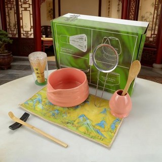 전통찻잔 8개세트 일본식 말차 세트 그릇 천 숟가락 차 거품기 받침대 거름망 브러시 포함, 4)Pink 8pcs