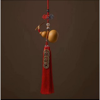天然開口葫蘆五帝錢葫蘆葫蘆五帝錢汽車掛件車內吊飾門對門五帝錢掛件男女士出入平安辟邪, 1個, 平安葫蘆-紅流蘇-閉口葫蘆
