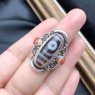 藏族尼泊爾手工天珠戒指 藏飾開口可調整 男女復古誇張民族風飾品, 圖案1隨機結緣