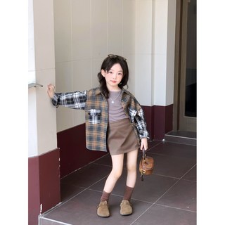 兔巴叮童裝2025女童秋季復古格子襯衫套裝，慵懶風百搭休閒體恤