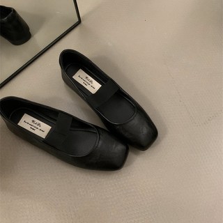 瑪莉珍娃娃鞋 小方頭 軟皮 奶奶鞋 復古單鞋 女 春秋百搭 軟底舒適平底鞋, 黑色,39