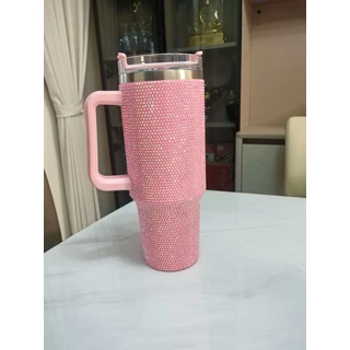 40온스 다이아몬드 장식 차량용 스포츠 사무실 빨대컵 스테인리스 스틸 여행용 물병 (성인용), 01 pink