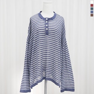 티데일리 버튼 단가라 루즈핏 니트 여성용 라운드넥 긴팔 티셔츠