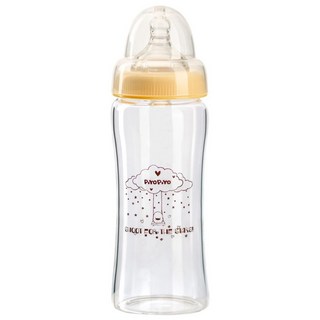 PiYOPiYO 黃色小鴨 媽咪乳感寬口徑晶鑽奶瓶, 玻璃奶瓶耐高溫不易破裂, 採用媽咪乳感奶嘴防脹氣設計, 安全無毒矽膠材質, 黃色, 280ml, 1個
