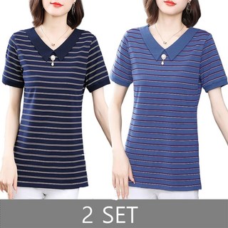 ROYALBELLE 2장묶음 여성 스트라이프 반팔 티셔츠 중년 엄마옷 루즈핏 카라넥 심플 상의 데일리룩 V32215
