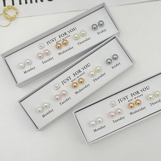 Fee 925純銀針法式復古珍珠耳釘 禮盒組 五對入 多色珍珠耳環