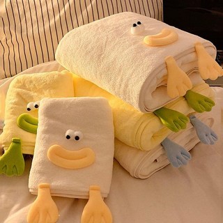 卡通浴巾 可愛丑萌浴巾女吸水速干家用不掉毛宿舍洗澡裹巾大人珊瑚絨大毛巾 吸水浴巾 可愛浴巾 毛巾 裹巾, 萌趣鴨黃,浴巾+毛巾, 1個