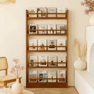 GOOD HOME 도어형 벽걸이수납책장 원목 초슬림 다층 틈새책꽂이 어린이 그림책 잡지 정리선반, 5단, 원목 월넛브라운