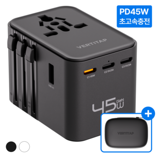 버티탭 트레블러 에어 PD 45W 멀티 어댑터 해외 전세계 여행용 멀티탭 usb 콘센트 플러그 돼지코 일본 베트남 중국 홍콩 태국 대만 필리핀 미국 유럽, 1개, 블랙