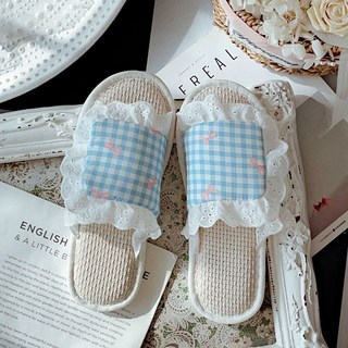 우아한 프릴 여성용 린넨 사계절 거실 슬리퍼 여성 신발 편안한 실내화 실내 디자인