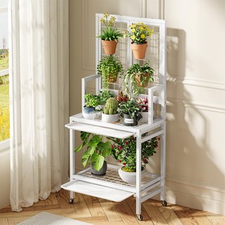 화분 선반대 물받이가 있는 금속 화분정리대 4개의 후크가 달린 이동식 화분선반, 2단, 흰색