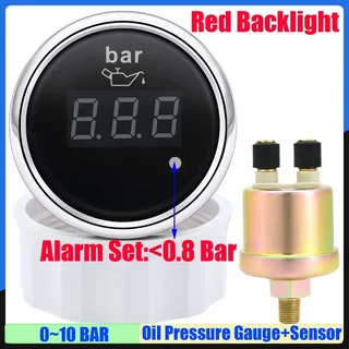 알람 센서가있는 범용 디지털 52mm 오일 압력 게이지 1/8NPT 레드 라이트 0 10Bar 프레스 미터 자동차 보트, 02 BS Gauge and Sensor