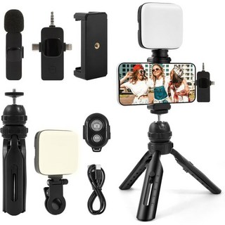 아이폰용 브이로그 키트 트라이포드 소프트 라이트 라이브 스트림용 무선 라발리에 마이크가 있는 유튜브 스타터 콘텐츠 크리에이터 장비 틱톡