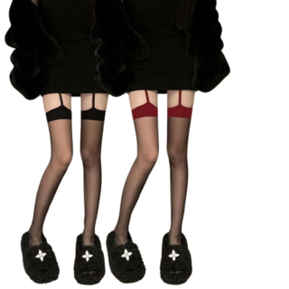 性感黑絲一體式吊帶襪超薄過膝長筒襪撞色鏤空大腿襪女生打底襪