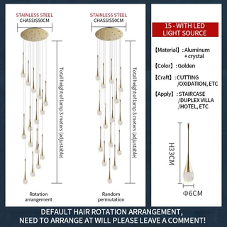 라이트 심플 듀플렉스 거실 물방울 감각적인 조명 다이닝룸 크리스탈 롱 샹들리에, [08] Crystal 15 heads, [04] changeable, 03 검정색